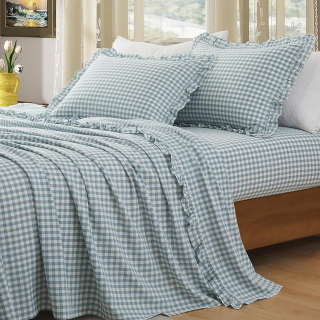 KKJIAF 4 Pieces Plaid Ruffle Queen Bed Sheets, Cotton Gingham Queen Bed Sheet Set Comfy Breathable Ruffed Plaid Bed Sheets with 16 Inch Deep Pocket, Dusty Blue