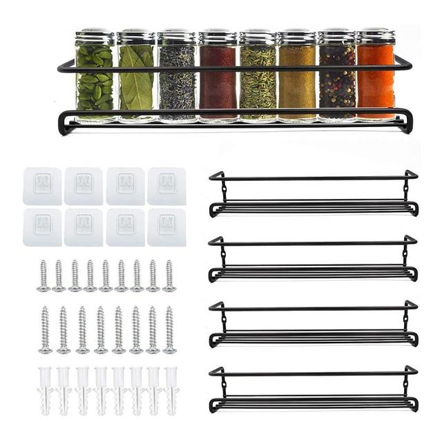 Demoyaya 4 Pack Spice Rack Organiser Wall Mounted, Spice Rack Shelves with Adhesive or Screw Mountable, Storage Bottles Seasoning Organizer for Kitchen Pantry Cupboard Door