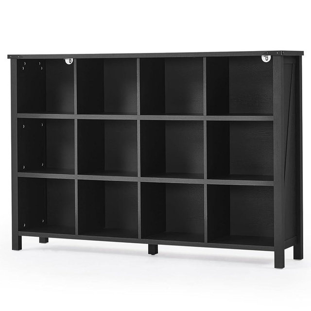 Joaxswe 12 Cube Storage Organizer, Farmhouse 62 Inch Wide Black Oak Display Bookshelf, Wooden 3 Tier Large Open Book Shelf, Vintage Bookcase for Home Office, Cubby Cabinet for Living Room, Office