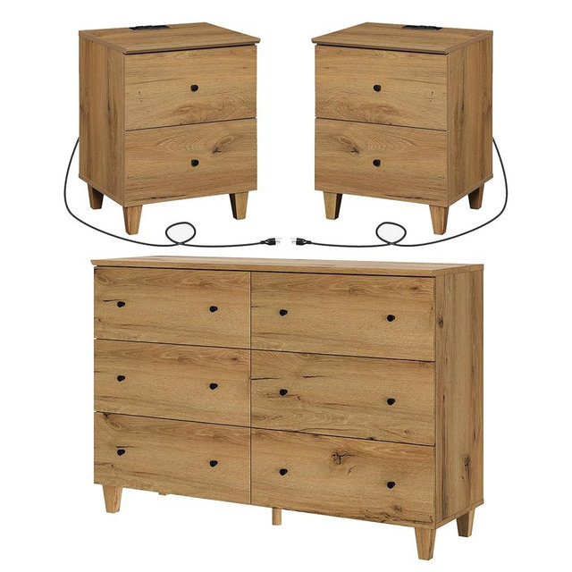 WAMPAT Dresser and Nightstands Set of 3, 47.2 Inches Wood Dresser with 6 Drawers, 2 Pieces Nightstands with Drawers and Charging Stations, Bedroom Furniture Set, Oak Brown
