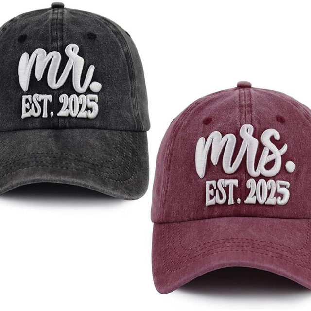 2 PCS Mr and Mrs Est 2025 Hats for Men Women, 3D Embroidered Adjustable Cotton Couples Baseball Cap