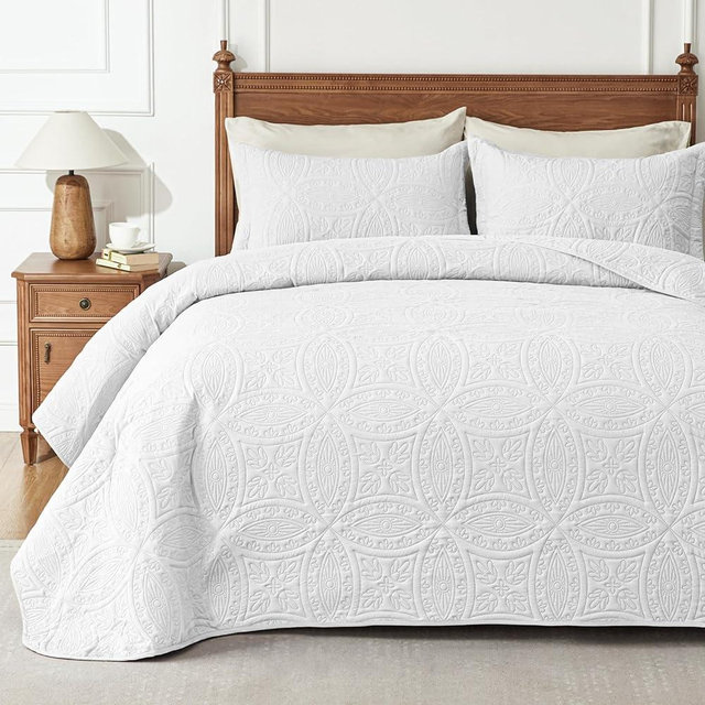 Love's cabin Quilts for Queen Bed Bright White Bedspreads - Soft Bed Summer Quilt Lightweight Microfiber - Modern Style Coin Pattern Coverlet for All Season - 3 Piece (1 Quilt, 2 Pillow Shams)