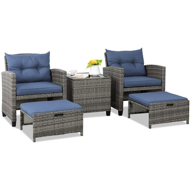 Shintenchi 5 Pieces Patio Furniture Set, Outdoor Wicker Patio Conversation Set with Ottoman, All Weather Rattan Outside Chairs with Coffee Table & Cushion for Porch, Garden, Backyard, Navy