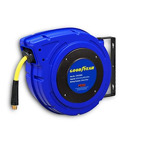 Goodyear Air Hose Reel Retractable 3/8" Inch x 65' Feet Premium Commercial Flex Hybrid Polymer Hose Max 300 Psi Heavy Duty Spring Driven Polypropylene Construction w/Lead-in Hose and PVC Handle