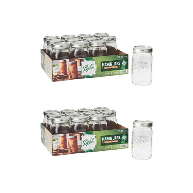 Ball Wide Mouth Glass Mason Jars with Lids and Bands, Used for Canning, Pickling, Juice, Jam, Jelly, Quart Size 32 Ounce (Pack of 24)