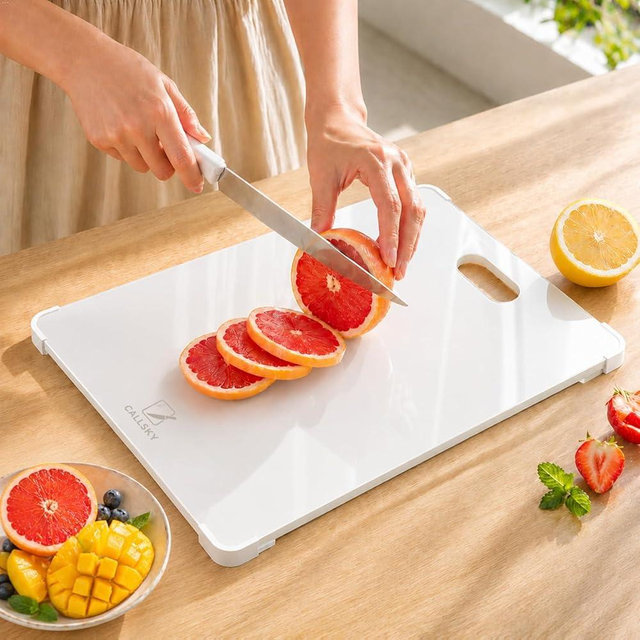 Callsky Tempered Glass Cutting Board, 12x16" White Glass Cutting Board for Kitchen Counter with 90° Full-Wrap Corner Guard, 5mm Heat Resistant Chopping Board, Non-Slip Silicone Base, Dishwasher Safe