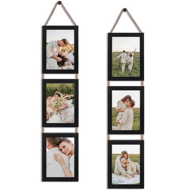 QUTREY 5x7 Collage Picture Frames Black, 3 Openings Vertical Hanging Photo Frame Set Display 5 by 7 inch Pictures for Wall Decor, 2 Pack