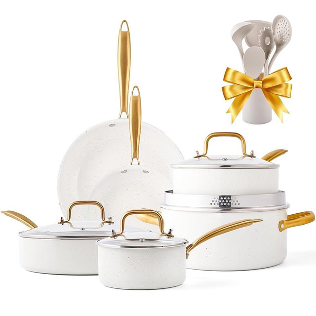 Pots and Pans Set Nonstick - Kitchen Cookware Sets Granite Non Toxic Cookware Set With Dutch Oven, Frying Pan, Saucepan, Sauté Pan, Cooking Utensils Set, Gold Pots and Pans for Cooking Set Gifts