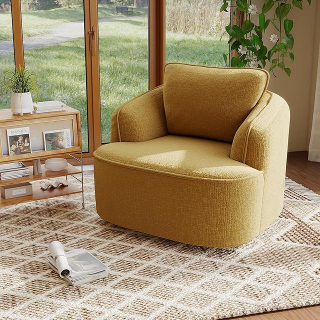 36" Swivel Barrel Chair, 360° Rotating Accent Chair with Plush Chenille Upholstery, Ergonomic Back & Boneless Comfort for Living Room, Bedroom, Office, No-Assembly, Gold