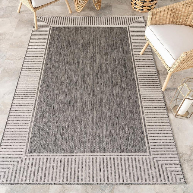 nuLOOM 10' x 12' Outdoor Area Rug, Casual Design with Striped Border, Stain Resistant, Highly Durable, for Patio, Balcony, Bedroom, Living Room, Dining Room, Bathroom, Steel