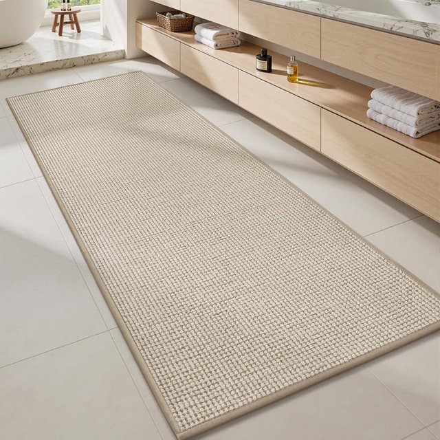 MontVoo Bathroom Runner Rugs,Chenille Absorbent Bath Mat Runner Quick Dry Rubber Backed Bath Runners Non Slip Washable Long Bathroom Rugs,Ultra Thin Bath Rugs Fit Under Door,17"x59",Beige