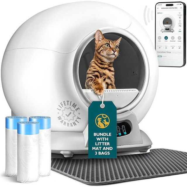 Self Cleaning Litter Box, Automatic Cat Liter Box Self Cleaning for Multiple Cats, Robot Automatic Liter Box Scoop Free Covered Ultra Cleaning -Odor Removal -APP Control Litter Box (Mat with 3 Bags)