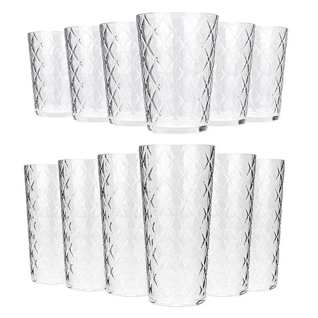 Mixed Drinkware Sets, 15-ounce and 21-ounce Acrylic Glasses Plastic Tumbler with Rhombus Design, set of 12 Clear