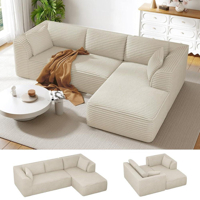 Vesgantti 106" Modular Sectional Sofa with Chaise, Deep Seat Comfy Cloud Couch Corduroy L Shaped Sofa Sectional Couches for Living Room Bedroom, No Assembly Required (Camel, Right-Facing Chaise)