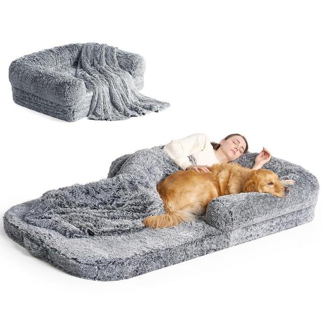 EHEYCIGA Foldable Human Dog Bed for Adult, Orthopedic Memory Foam Dog Bed for Humans, Waterproof Human Dog Bed for People, Faux Fur Human Sized Dog Bed, Grey, 72"x44"x12"