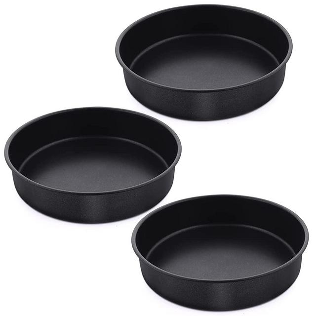 8 Inch Round Cake Pan Set, P&P CHEF 3 Piece Non-Stick Cake Baking Pans for Birthday Wedding Layer Cakes, Stainless Steel Core & One-piece Design, Sturdy & Healthy, Black