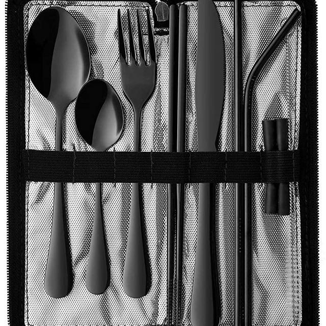 Portable Travel Utensils, Reusable Silverware with Case for Fixing Tableware, 9 Pieces Stainless Steel Stable Flatware Set, Camping Picnic Cutlery Set (Black Set)