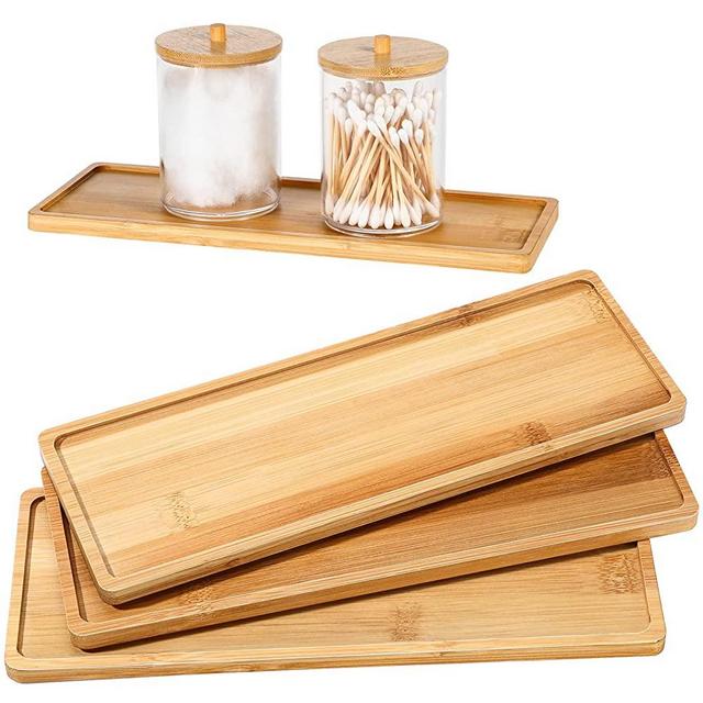 Bamboo Tea Serving Tray 3 Pcs Decorative Multi Use Bathroom Counter Tray Rounded Edges Bamboo Vanity Tray for Dresser Counter Food Coffee Tea Snack Tissues Candles, 11 x 4 Inch