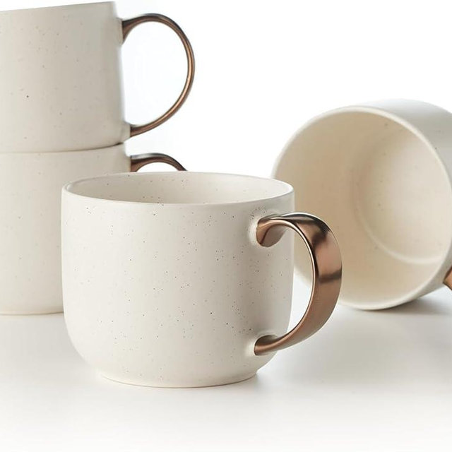 Maison Neuve Luna Collection Stoneware Mug Set of 4-19 oz Round Ceramic Mug Set for Hot Tea & More - Stoneware Coffee Mugs - Microwave & Dishwasher Safe - Modern Coffee Mug Gift - Cream/Bronze