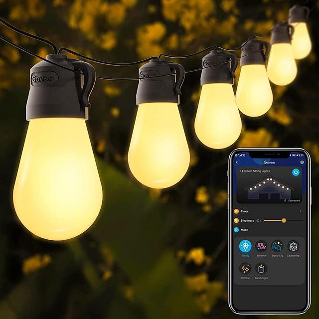 Govee 48ft Outdoor String Lights with Bluetooth App Control, Waterproof Shatterproof Patio Lights with 15 Dimmable Warm Yellow LED Bulbs, Decorative Outdoor Lights for Patio, Garden, Backyard, Party