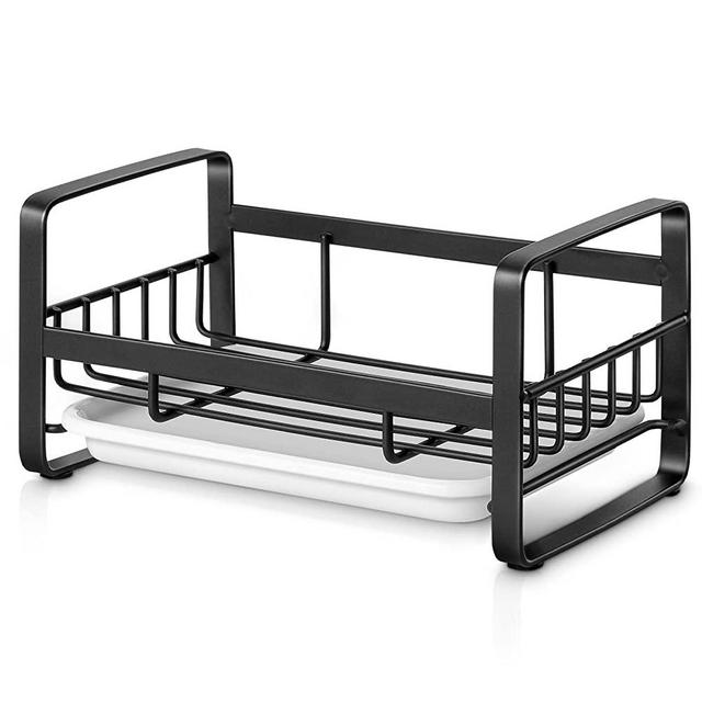 HULISEN Kitchen Sink Sponge Holder, 304 Stainless Steel Kitchen Soap Dispenser Caddy Organizer, Countertop Soap Dish Rack Drainer with Removable Drain Tray, not Including Dispenser and Brush, Black