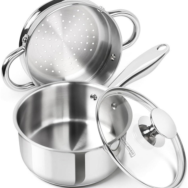 MICHELANGELO 1.5 Quart Saucepan with Steamer, Stainless Steel Saucepan with Lid, Triply Bottom Induction Compatible, Multipurpose Sauce Pot, Dishwasher Safe