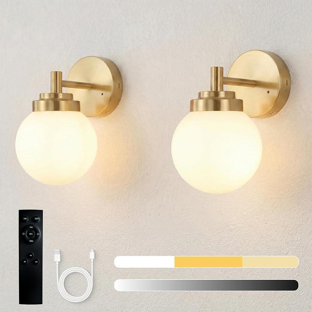 LUYGRA Set of 2 Rechargeable Wall Sconces with Remote, 3-Color Temperature & Dimmable, Modern Gold Cordless Wall Lights with Opal Glass Globe Shade