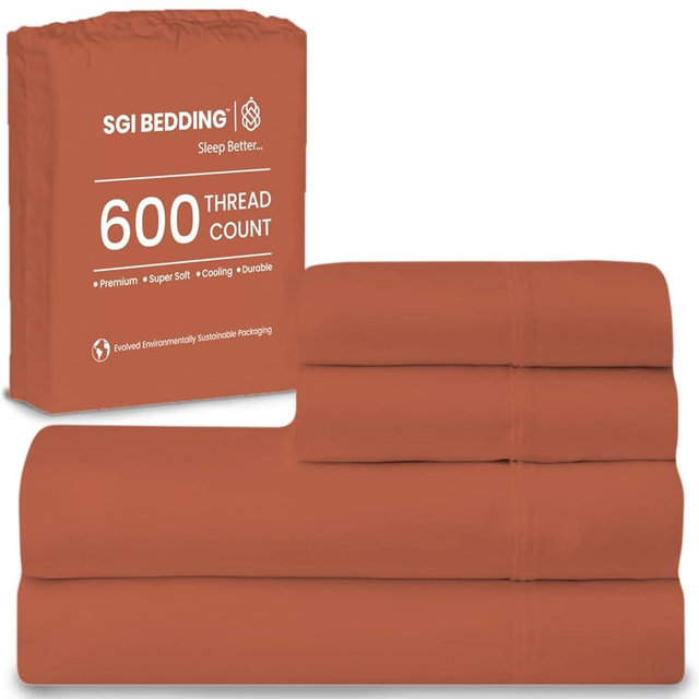 SGI bedding 100% Egyptian Cotton Sheets King Size – 600 Thread Count Sheets Set, Soft, Cooling, 16" Deep Pocket, Luxury Hotel Bedding, Breathable, Durable - Terracotta