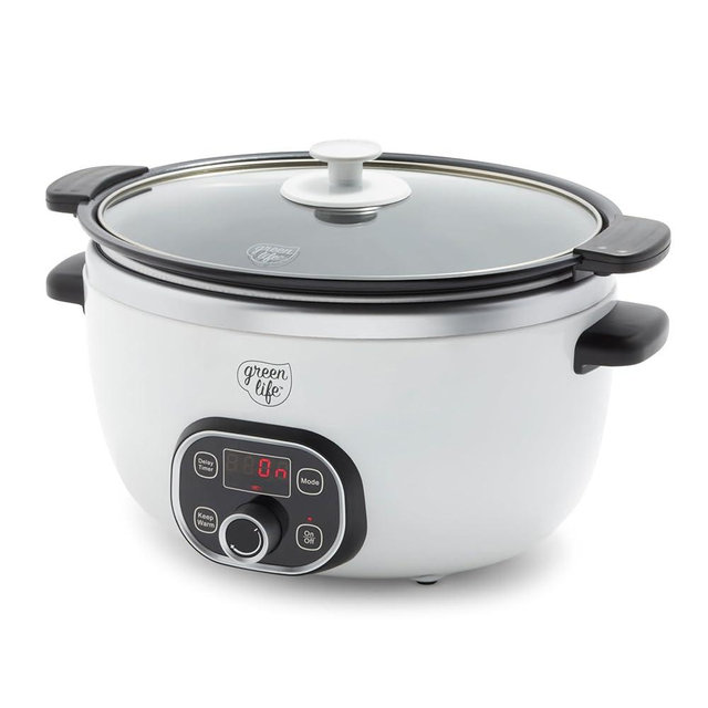 GreenLife 8QT Slow Cooker, Non-Toxic PFAS-Free Ceramic Nonstick Removable Interior Bowl, Programmable, Family Friendly, Keep Warm, Stovetop & Oven Safe, Dishwasher Safe Crock, Timer, Glass Lid, White