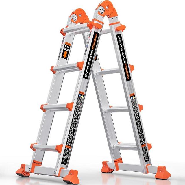 KINGRACK Ladder, A Frame 4 Step Extension Ladder, 11.4 Ft Anti-Slip Multi Position Ladder with Stabilizer Bar, 330 lbs Security Load Telescoping Aluminum Ladders for Stairs Home Outdoor Roof Work