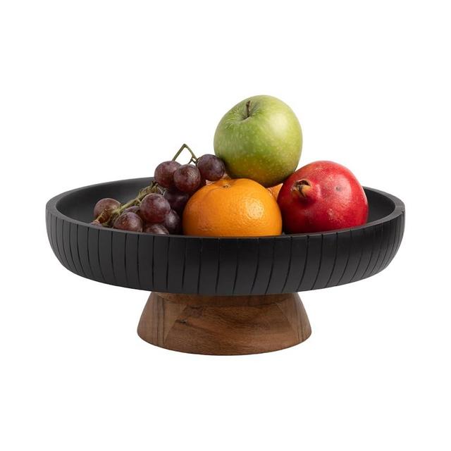 LAVAUK Mango Wood fruit bowl, Decorative black bowl with natural finish pedestal | 12" dia | Dual tone look | Use as Centerpiece for kitchen counter or dining table (Black)