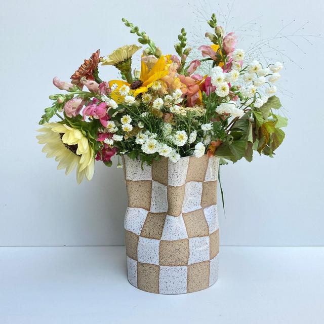 Ceramic Checkered Container / Ceramic checker wide vase with speckled clay