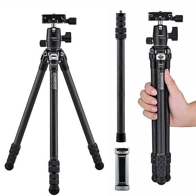 55" Tripod, COMAN Travel Carbon Fiber Camera Tripod, 1.06 lb Lightweight and 3kgs Load with 1/4" Quick Release Plates Ball Head for Vlog, YouTube Live, Travel and Work (Black Carbon Fiber)
