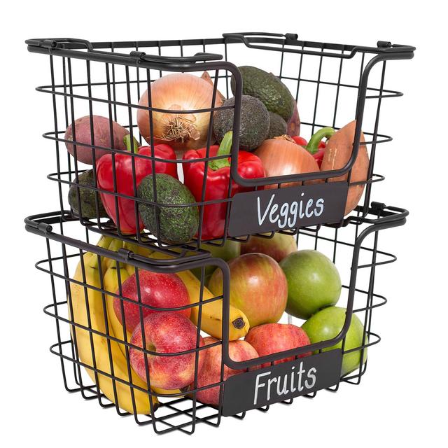 BirdRock Home Stacking Wire Market Baskets with Chalk Label - Set of 2 - Fruit Vegetable Produce Metal Storage Bin for Kitchen Counter - Pantry Cabinet - Bathroom Shelves - Metallic Black