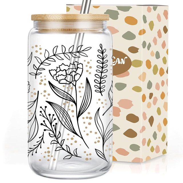 Coolife Floral Iced Coffee Cup, 16 oz Drinking Cute Glass Cups w/Lids Straws, Aesthetic Matcha, Flower Glass Coffee Tumblers for Mama - Mothers Day, Birthday Gifts for Women Her Mom Daughter Wife