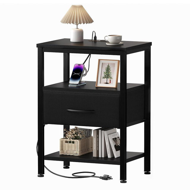 OLIXIS Nightstands Set of 2 with Charging Station, Bedside Tables with USB Ports and Fabric Drawer, Small Night Stand with Open Adjustable Shelf, Compact End Table for Bedroom, Black