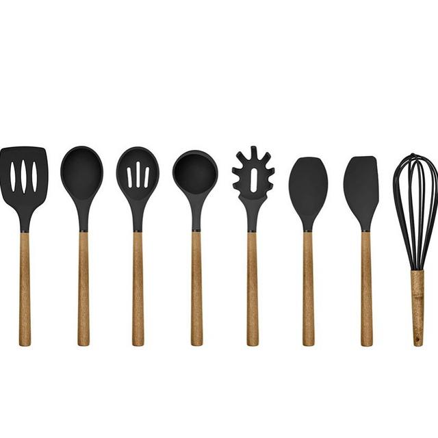 Country Kitchen Silicone Cooking Utensils, 8 Pc Kitchen Utensil Set, Easy to Clean Wooden Kitchen Utensils, Cooking Utensils for Nonstick Cookware, Kitchen Gadgets and Spatula Set - Black