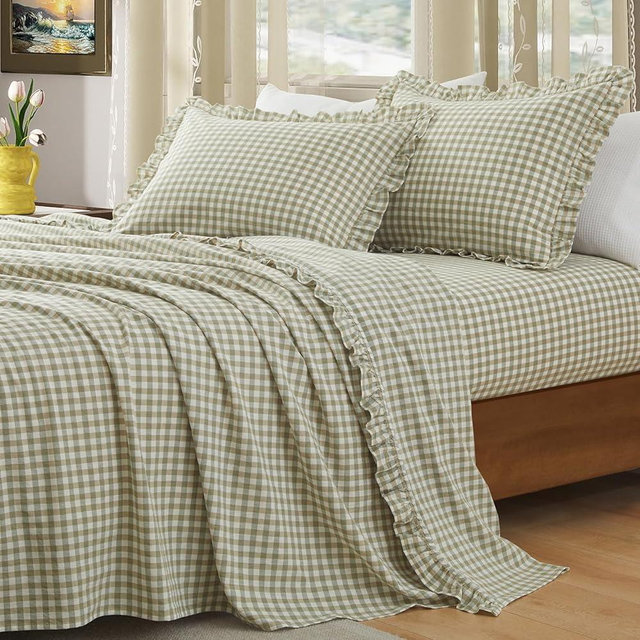 KKJIAF 4 Pieces Plaid Ruffle King Size Sheets Set, Cotton Gingham King Sheet Set Linen Feel Comfy Breathable Ruffed Plaid Bed Sheet Set with 16 Inches Deep Pocket, Sage Green