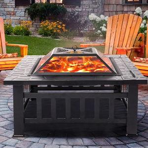 Fire Pits for Outside, 32" Wood Burning Fire Pit Tables with Screen Lid, Poker, BBQ Net, Ice Tray, Food Clip and Cover, Backyard Patio Garden Outdoor Fire Pit/Ice Pit/BBQ Fire Pit, Black