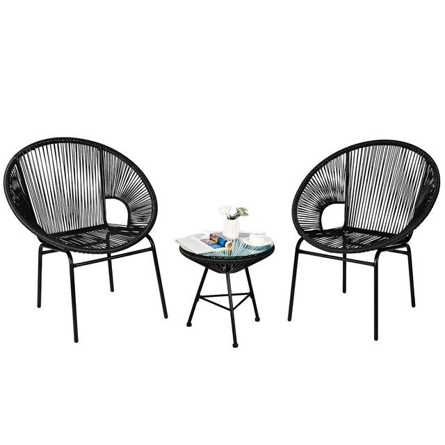 Costway 3PCS Patio Acapulco Furniture Bistro Set Plastic Rope Glass Table Black