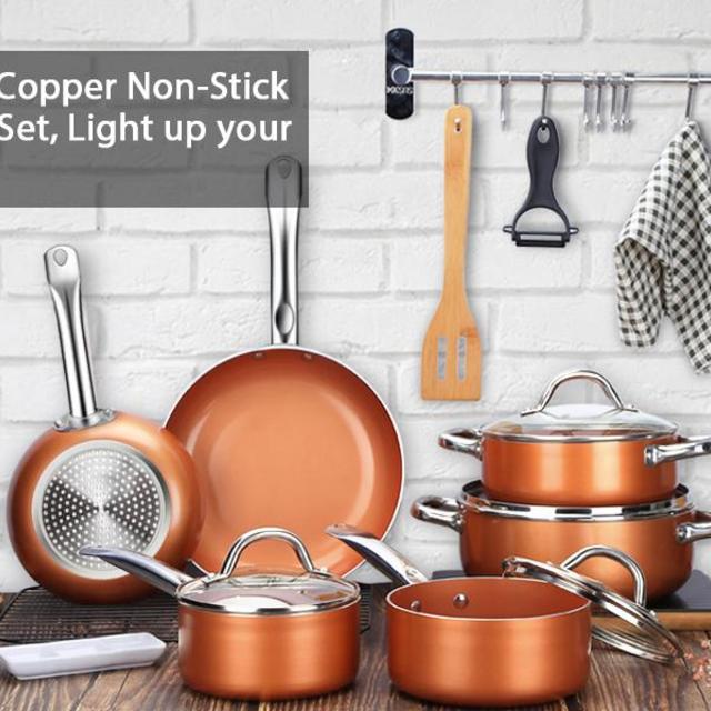 Nonstick Cookware Set, CUSINAID 10-Piece Aluminum Cookware Sets Pots and Pans Set, Fry Pan, Sauce Pan, Stock Pot with Glass Lids for Stovetops/Induction Cooktops, Dishwasher/Oven Safe(Copper)