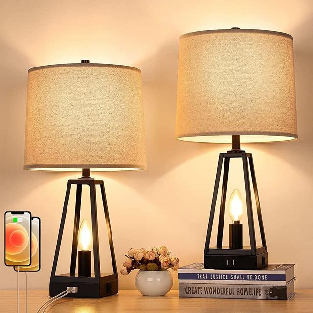 Set of 2 Table Lamps with USB Ports, 2 Light Modern Nightstand Lamp Sets Bedside Farmhouse Lamp with Fabric Lampshade for Bedrooms Living Room Reading, 4X 2700K LED Bulbs Included