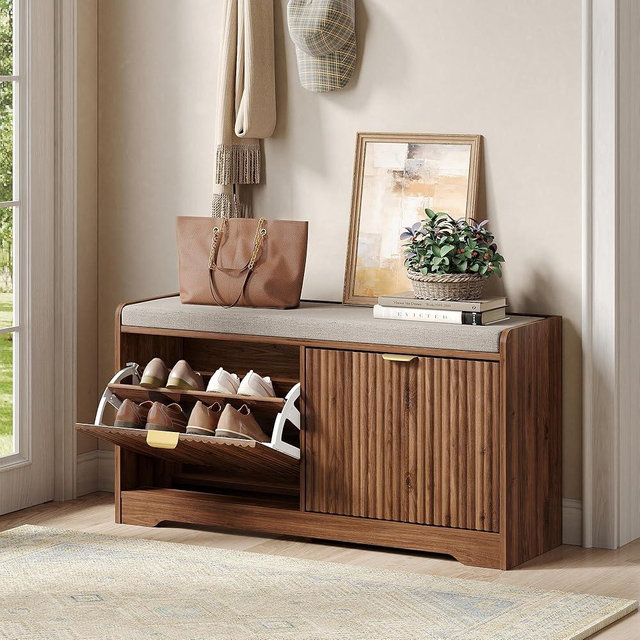 Maupvit 39.4" Fluted Shoe Bench with Storage, Narrow Entryway Bench with Removable Seat Cushion & 2 Flip-Drawers, Shoe Cabinet Bench, Boho Hidden Shoe Rack for Entrance, Hallway, Living Room (Walnut)