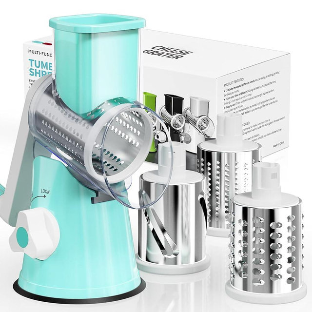 Nexsujo Cheese Grater Hand Crank, Rotary Cheese Shredder with 3 Interchangeable Blades for Coarse, Fine Shredding and Slicing, Strong Suction Base for Pizza, Pasta, Salad, Vegetables, Nuts, Chocolate