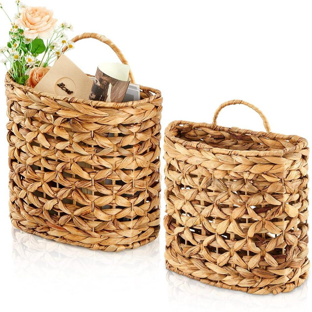 Chunful 2 Pcs Water Hyacinth Hanging Wicker Basket, Natural Wicker Decorative Baskets, Handmade Woven Storage Organizer for House Garden Wedding Wall Decorations, Large & Small Size