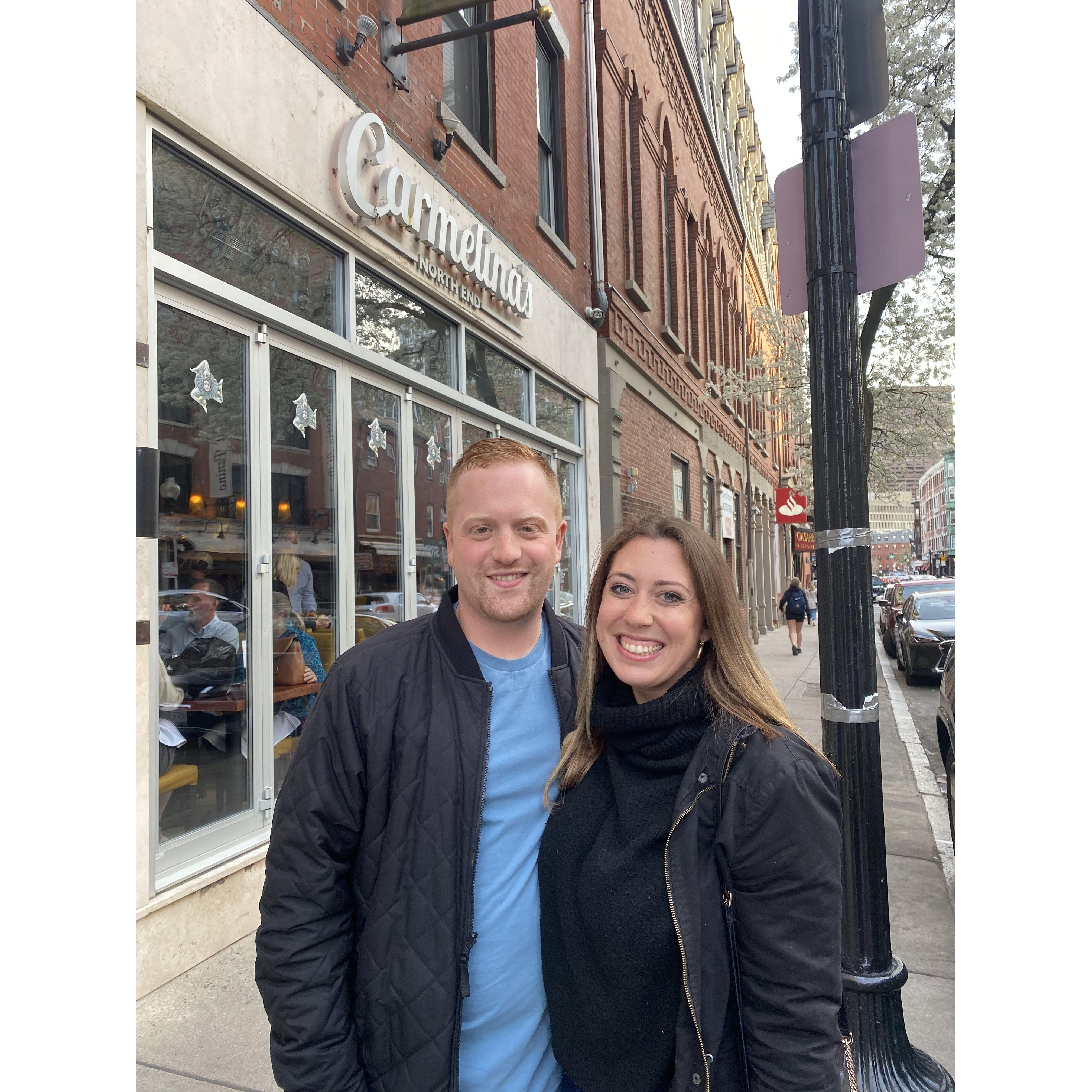 Ethan's birthday 2022, outside one of our favorite restaurants, Carmelinas in North End!