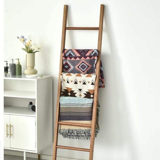 FUIN 6ft Wooden Natural Blanket Ladder Living Room Decorative Wall Leaning Farmhouse Quilt Display Holder Rustic Wood Towel Rack for Bathroom