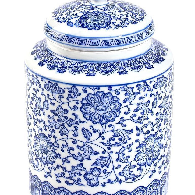 Blue and White Ginger Jar, Ceramic Chinoiserie Decorative Jars for Home, Office, Glossy Vase for Table, Living Room, Bookshelf, Mantle Fireplace, Centerpieces, 8"