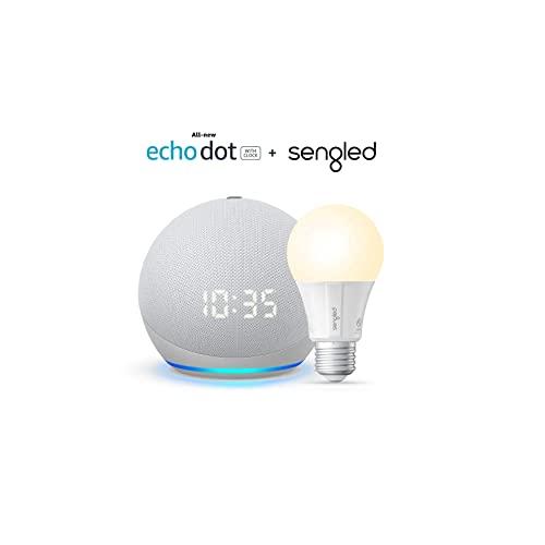 All-new Echo Dot (4th Gen) with clock - Glacier White - bundle with Sengled Bluetooth bulb (Certified for Humans product)