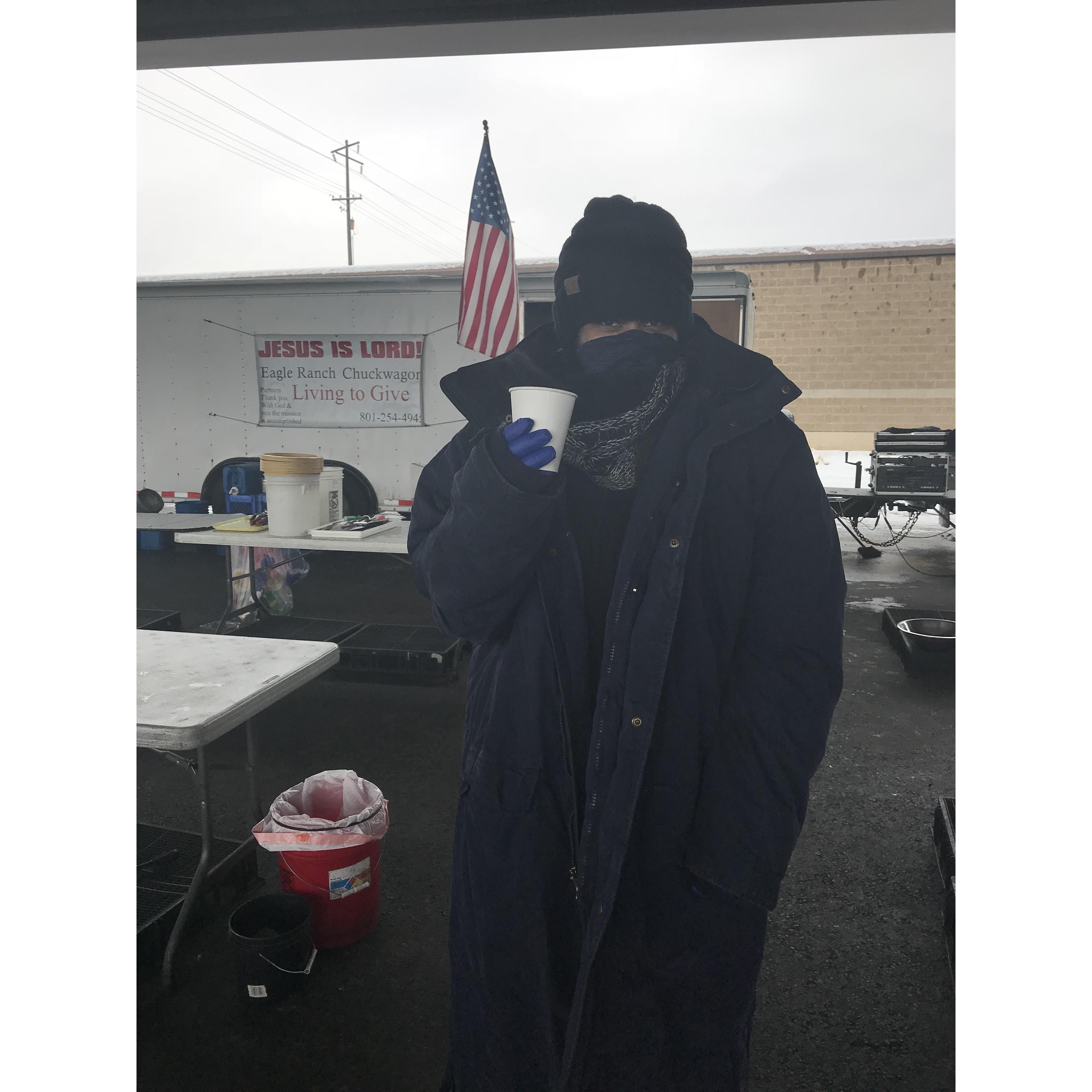 Keisha feeding the homeless in Utah for Christmas - it was just a little chilly